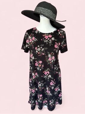 Floral Short-Sleeve Mini Dress, black with pink blossoms by PUBLIK. Size Large